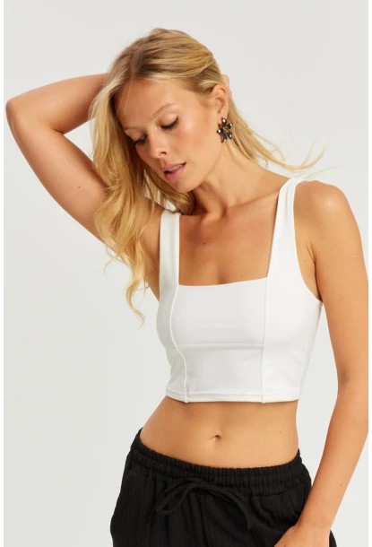 Kadın Beyaz Kare Yaka Crop Bluz CG348