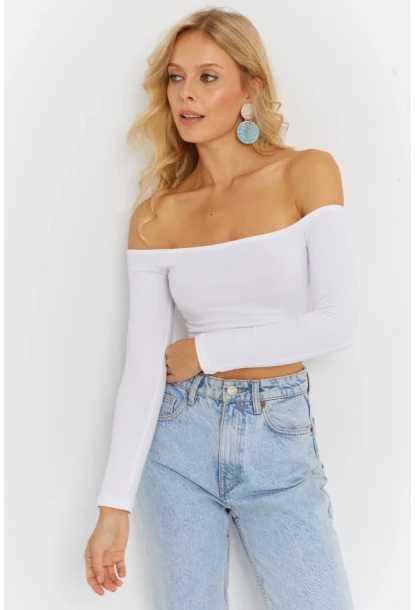 Kadın Beyaz Kare Yaka Crop Bluz CG364