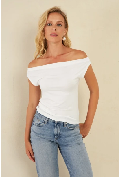 Kadın Beyaz Kayık Yaka Bluz LPP1288
