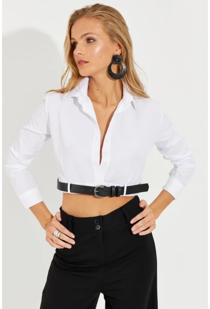 Kadın Beyaz Kemerli Kısa Gömlek MEN2017