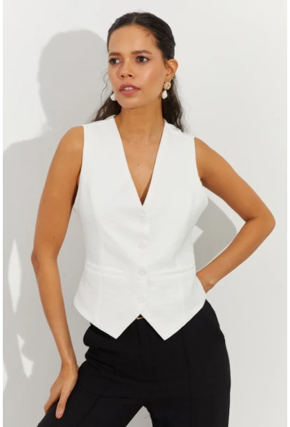 Kadın Beyaz Keten Astarlı Yelek TW60046