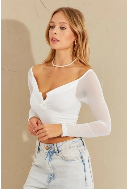 Kadın Beyaz Kolları Tül Crop Bluz CG315