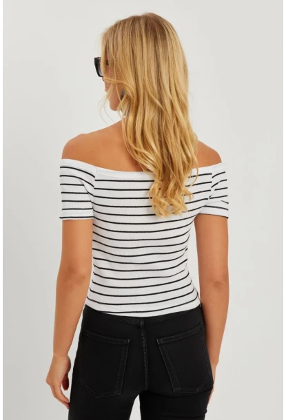 Kadın Beyaz Madonna Yaka Çizgili Kaşkorse Bluz AYD311