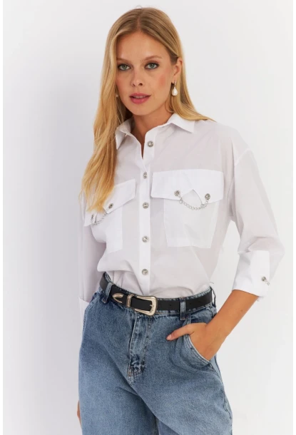 Kadın Beyaz Metal Detaylı Gömlek ASF13