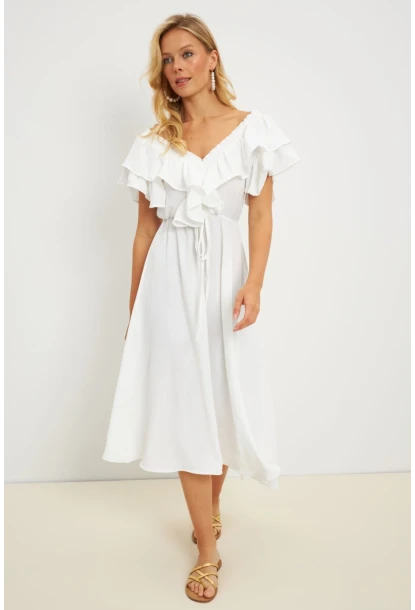 Kadın Beyaz Ön Arka V Volanlı Elbise KS113