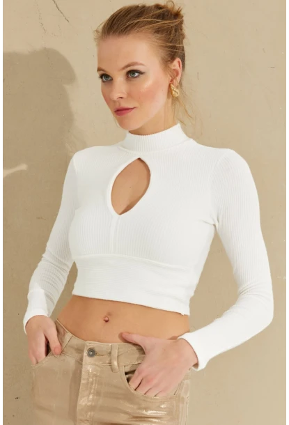Kadın Beyaz Önü Damla Crop Bluz LPP1243