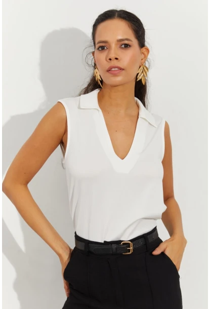 Kadın Beyaz Polo Yaka Bluz LPP1219