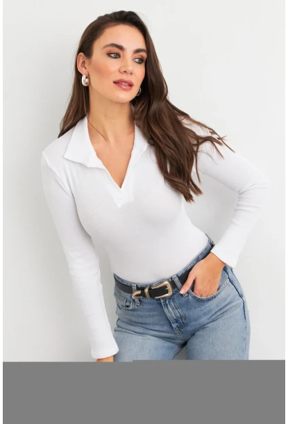 Kadın Beyaz Polo Yaka Kaşkorse Bluz LON3006