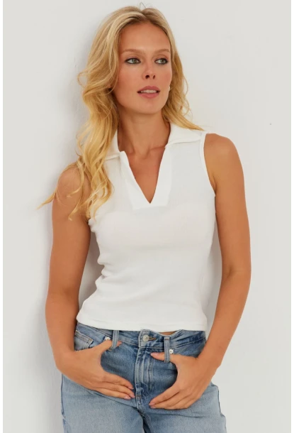 Kadın Beyaz Polo Yaka Kaşkorse Bluz MK10