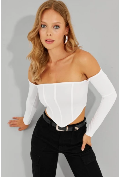 Kadın Beyaz Sırt Fermuarlı Crop Bluz CG312