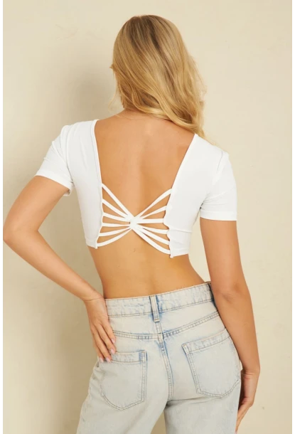 Kadın Beyaz Sırtı Açık Crop Bluz CG358