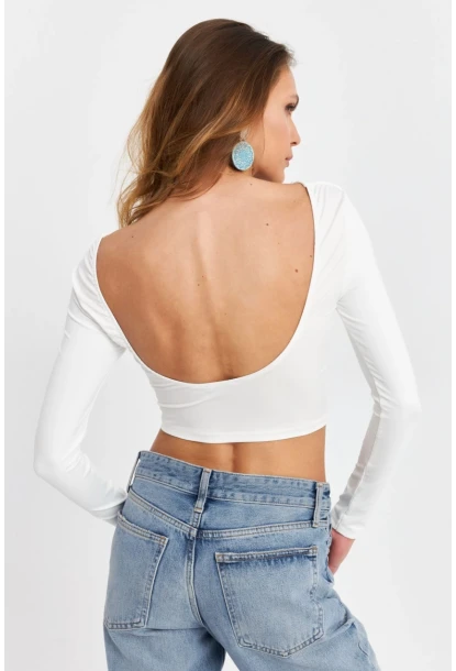 Kadın Beyaz Sırtı Açık Crop Bluz EV21