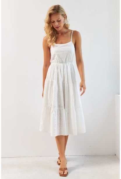 Kadın Beyaz Sırtı Gipeli Astarlı Midi Elbise BK267229