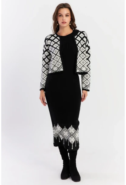 Kadın Beyaz-Siyah Desenli İkili Triko Takım NUV42