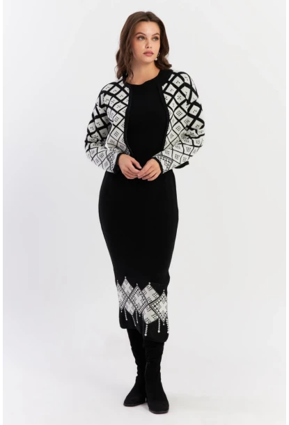 Kadın Beyaz-Siyah Desenli İkili Triko Takım NUV42