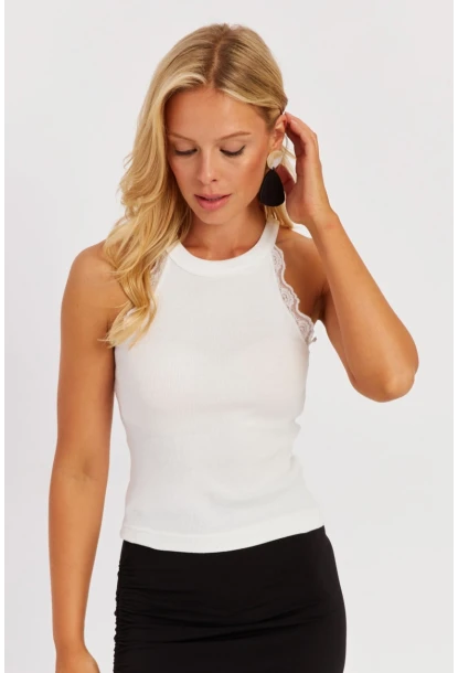Kadın Beyaz-Siyah Halter Yaka Dantelli Bluz MK08