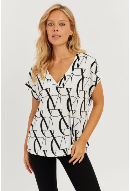 Kadın Beyaz-Siyah V Yaka Desenli Bluz AYD293