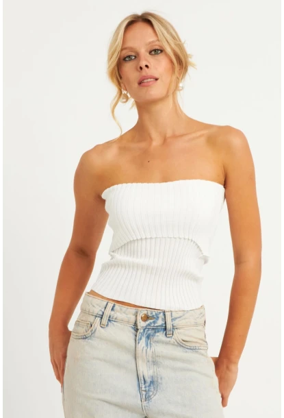 Kadın Beyaz Straplez Triko Bluz YV240