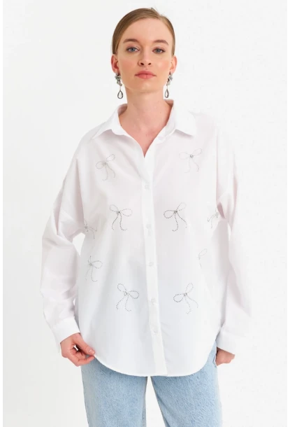 Kadın Beyaz Taşlı Gömlek MZER426