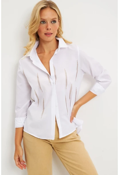 Kadın Beyaz Taşlı Gömlek ZER404