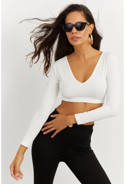 Kadın Beyaz V Yaka Crop Bluz CG265