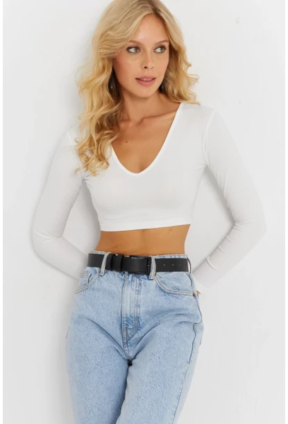 Kadın Beyaz V Yaka Crop Bluz CG368