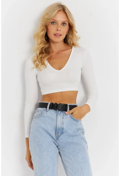 Kadın Beyaz V Yaka Crop Bluz CG368