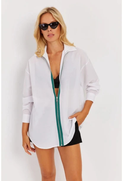 Kadın Beyaz Yeşil Fermuarlı Uzun Gömlek SF1317