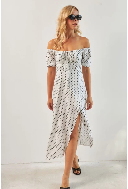 Kadın Beyaz Yırtmaçlı Desenli Midi Elbise KED0243