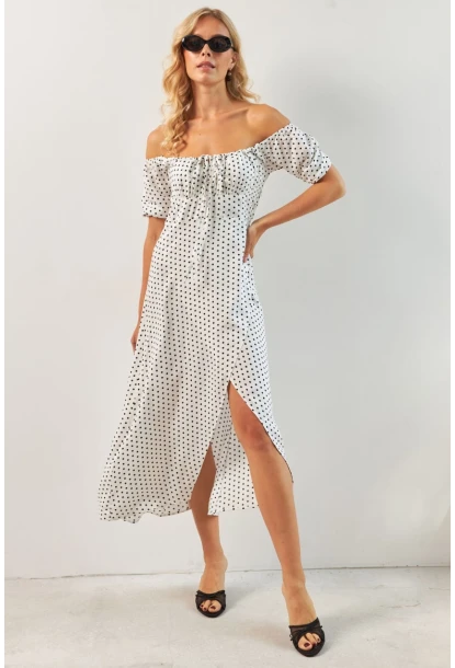 Kadın Beyaz Yırtmaçlı Desenli Midi Elbise KED0243