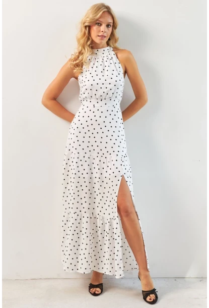 Kadın Beyaz Yırtmaçlı Puantiyeli Midi Elbise KED4233