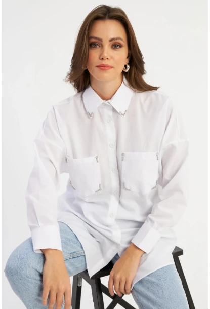 Kadın Beyaz Zımbalı Gömlek MASF2