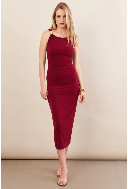 Kadın Bordo Aksesuarlı Büzgülü Midi Elbise İRE102