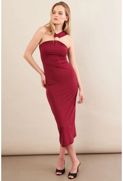Kadın Bordo Aksesuarlı Midi Elbise İRE101