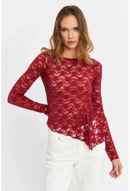 Kadın Bordo Asimetrik Dantel Bluz MTK13288
