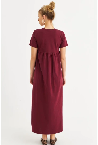 Kadın Bordo Asimetrik Dikişli Maxi Elbise MDMR440