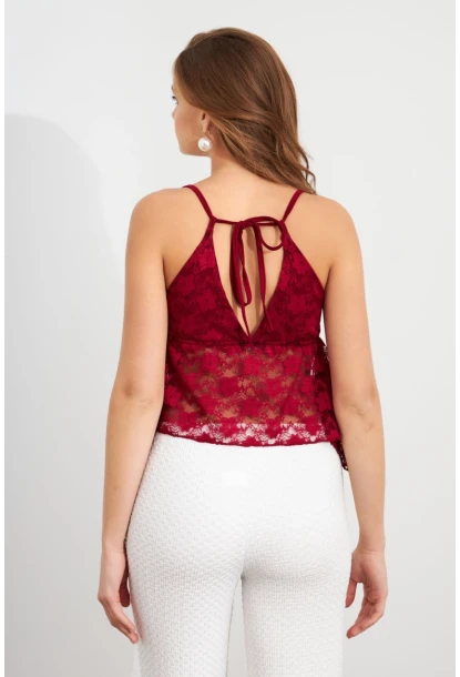 Kadın Bordo Askılı Dantel Crop Bluz MTK13458