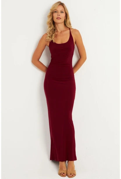 Kadın Bordo Ayarlanabilir Askılı Maxi Elbise MEN2004