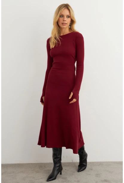 Kadın Bordo Bağlamalı Kaşkorse Midi Elbise MFRY2268