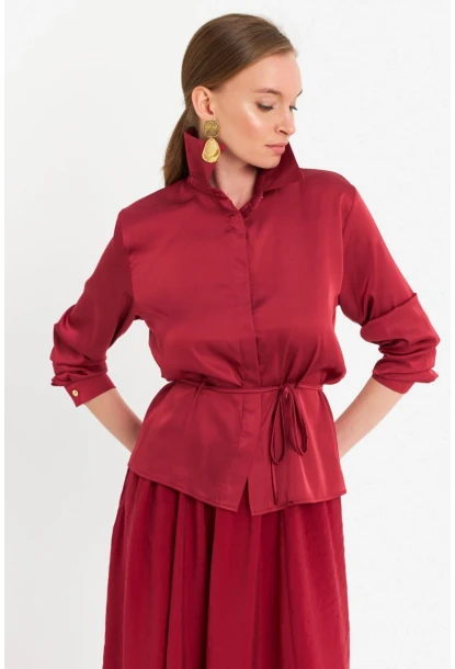 Kadın Bordo Beli Bağlamalı Saten Gömlek MMRS4212