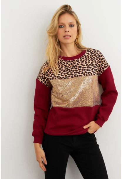 Kadın Bordo Bloklu Sweatshirt MST098