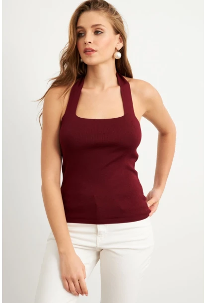 Kadın Bordo Boyundan Bağlamalı Triko Bluz YV356