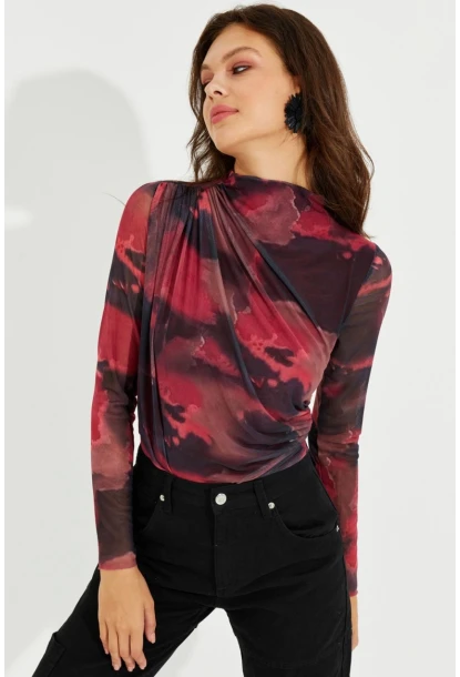 Kadın Bordo Büzgülü Astarlı Tül Bluz LPP1231