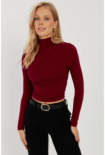 Kadın Bordo Büzgülü Kısa Bluz MEN2023-90
