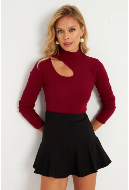 Kadın Bordo Çapraz Yaka Yarım Balıkçı Bluz B1404