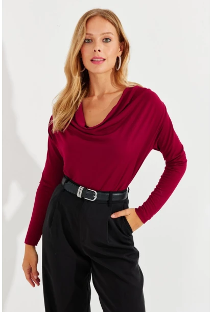 Kadın Bordo Degaje Yaka Bluz LPP1234