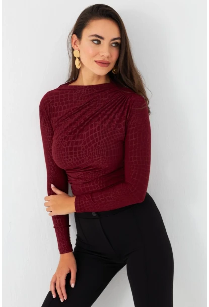 Kadın Bordo Desenli Büzgülü Bluz LPP1279