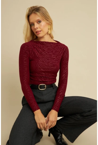 Kadın Bordo Desenli Büzgülü Bluz LPP1298
