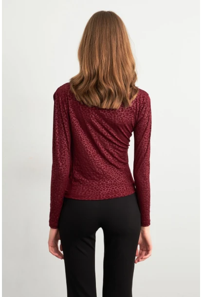Kadın Bordo Desenli Büzgülü Bluz LPP1299