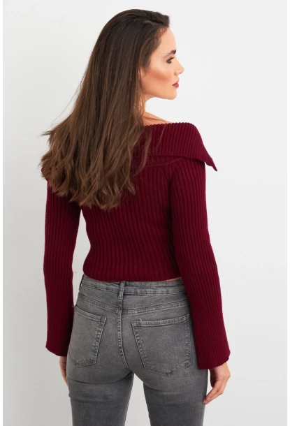 Kadın Bordo Devrik Yaka Kısa Hırka TEM103